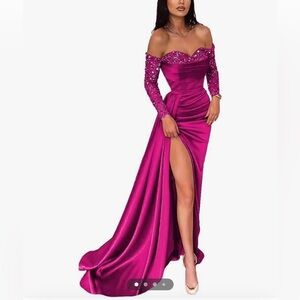 Sequin Off The Shoulder Dress Long Sleeve Satin Mermaid Gown Formal Dress w/slit